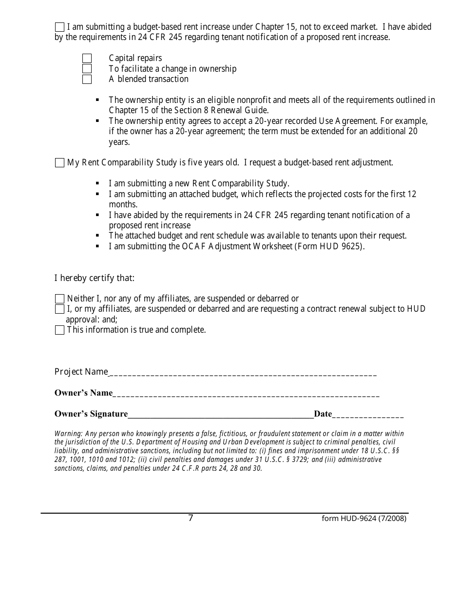 Form HUD-9624 Contract Renewal Request Form - Multifamily Section 8 Contracts, Page 7