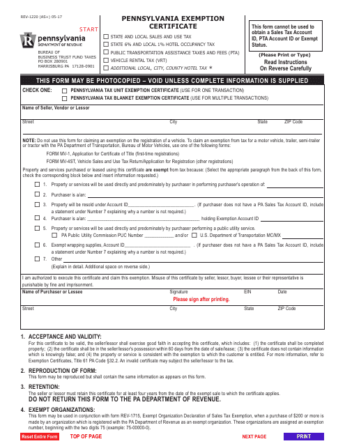 Form REV-1220 (AS+) Pennsylvania Exemption Certificate - Pennsylvania