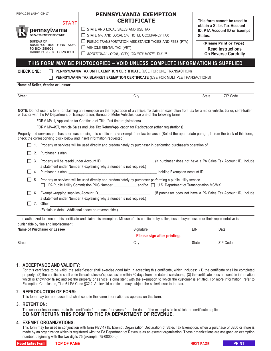 Form REV-1220 (AS+) Pennsylvania Exemption Certificate - Pennsylvania, Page 1