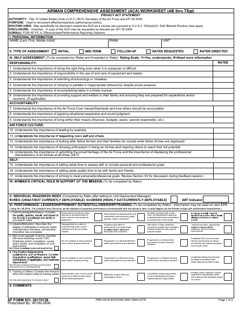 AF Form 931 Airman Comprehensive Assessment (ACA) Worksheet (AB Thru TSGT)