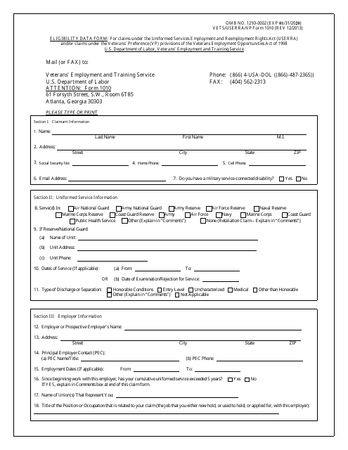 ETA Form 1010 Eligibility Data Form
