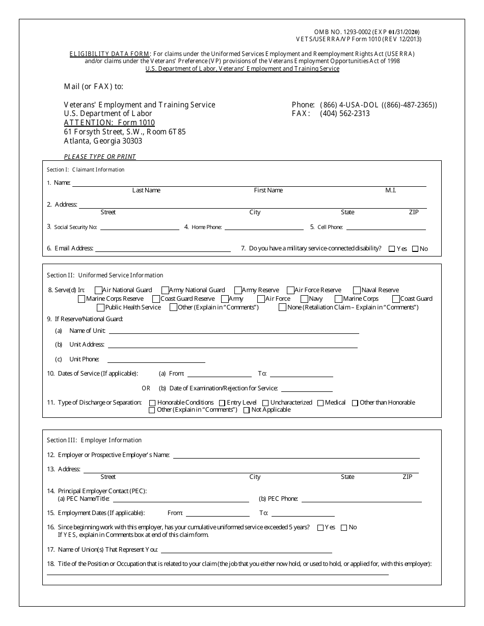 ETA Form 1010 Eligibility Data Form, Page 1