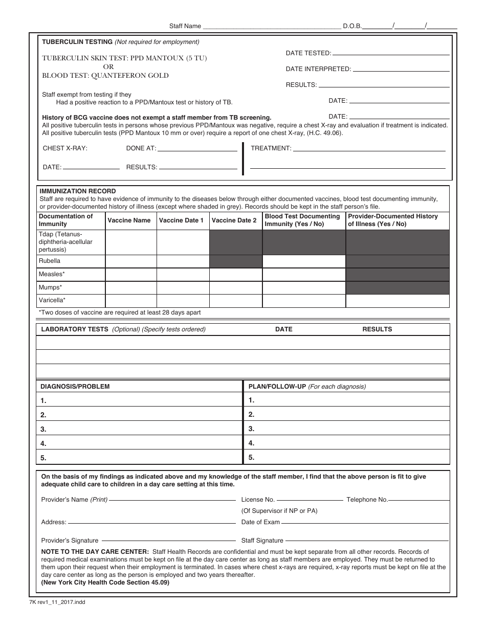 Form 7K Staff Health Form - New York City, Page 2