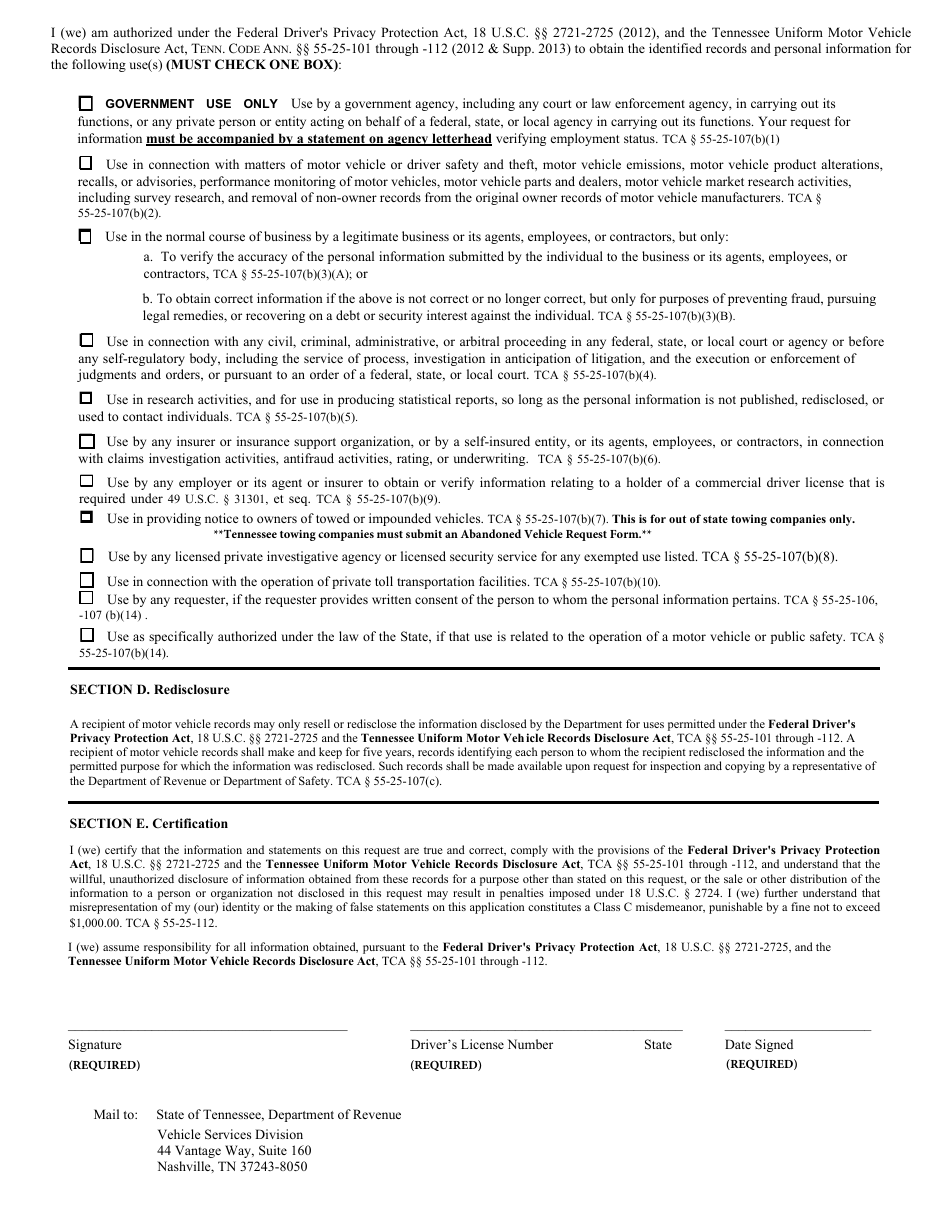 Form RV-F1313801 Vehicle Information Request - Tennessee, Page 2