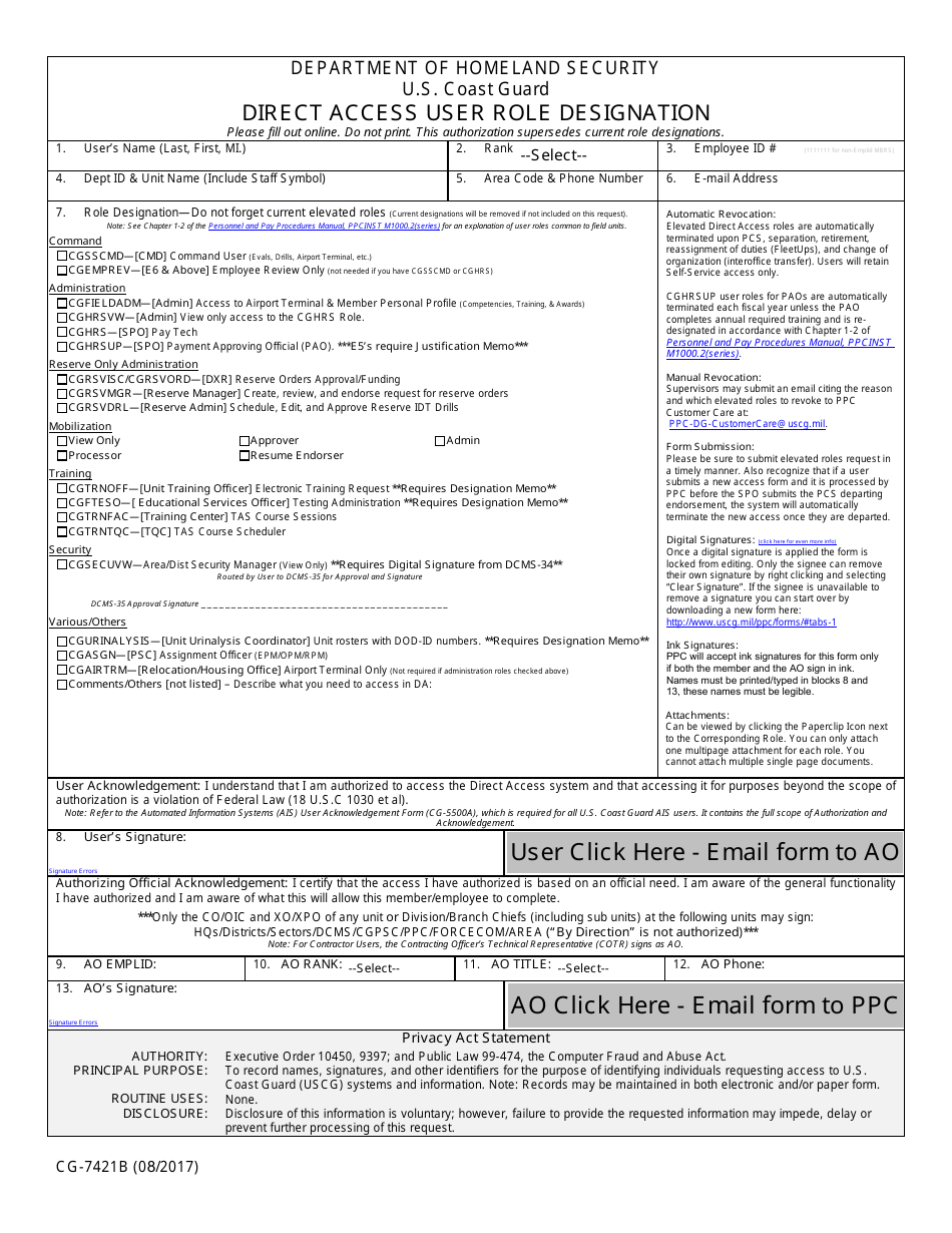 Form CG-7421B Direct Access User Role Designation, Page 1