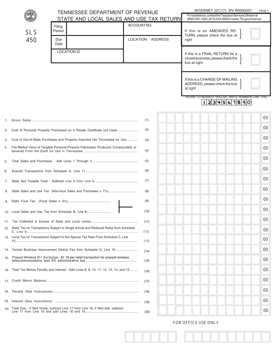Form SLS450 State and Local Sales and Use Tax Return - Tennessee, Page 1