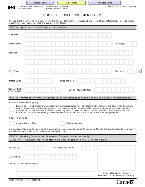 Form PWGSC-TPSGC8001-552E Direct Deposit Enrolment Form - Canada