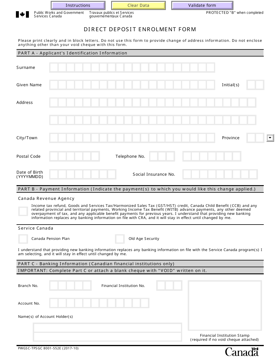 Form PWGSC-TPSGC8001-552E Direct Deposit Enrolment Form - Canada, Page 1