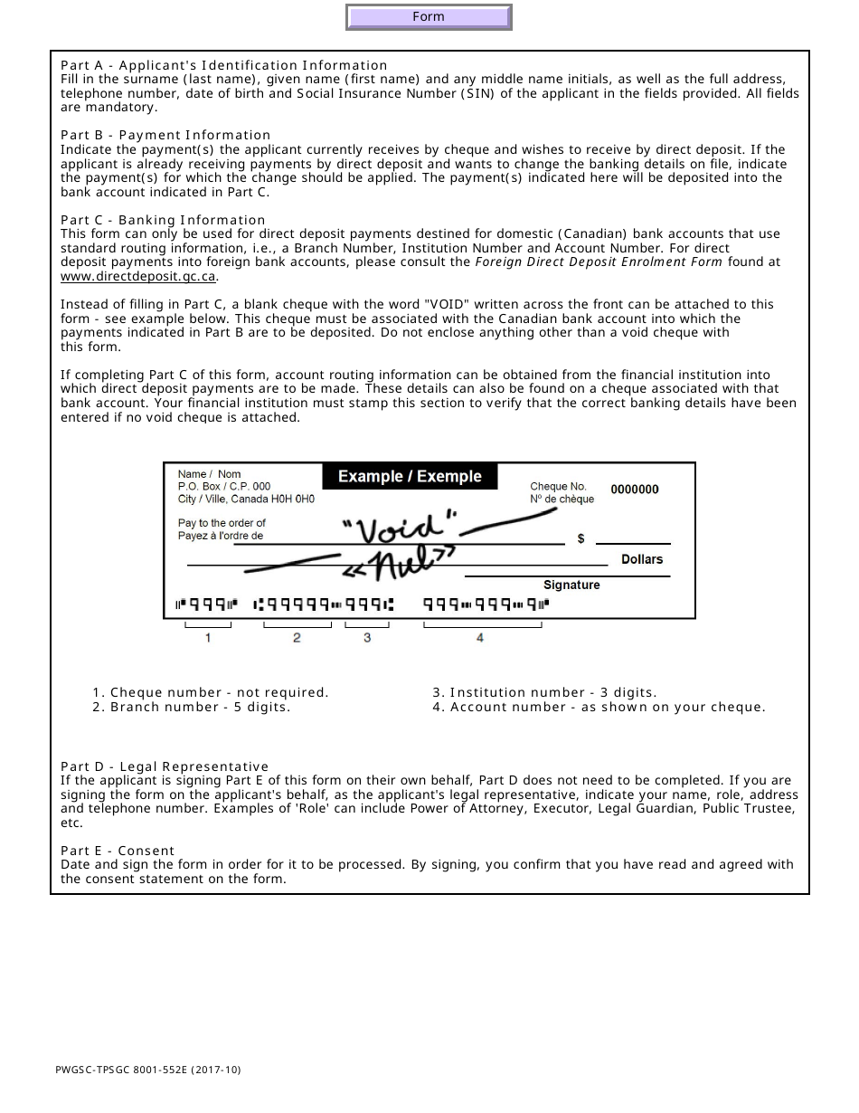 Form PWGSC-TPSGC8001-552E Direct Deposit Enrolment Form - Canada, Page 3