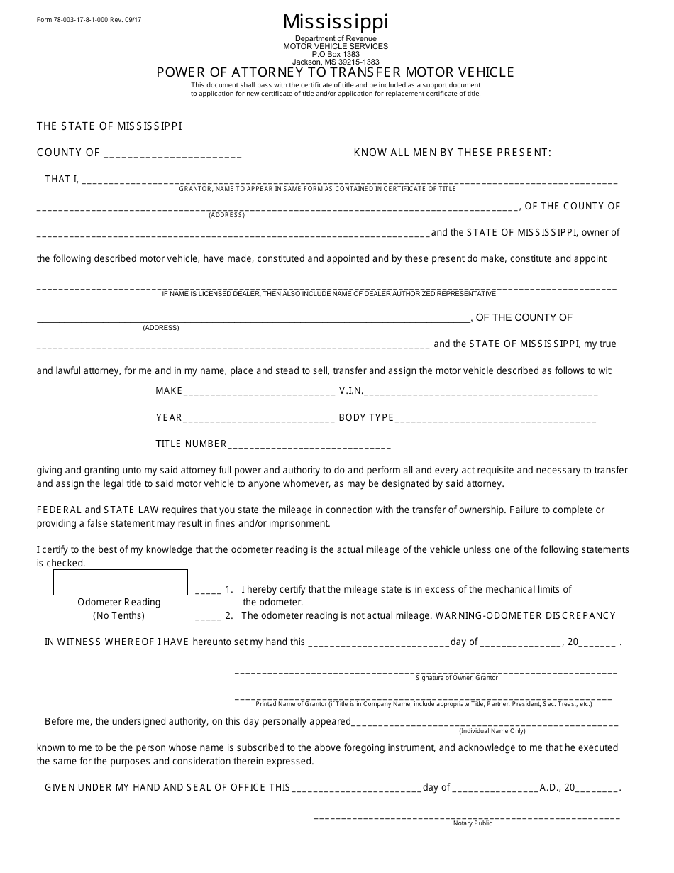 Form 78003 Power of Attorney to Transfer Motor Vehicle - Mississippi, Page 1