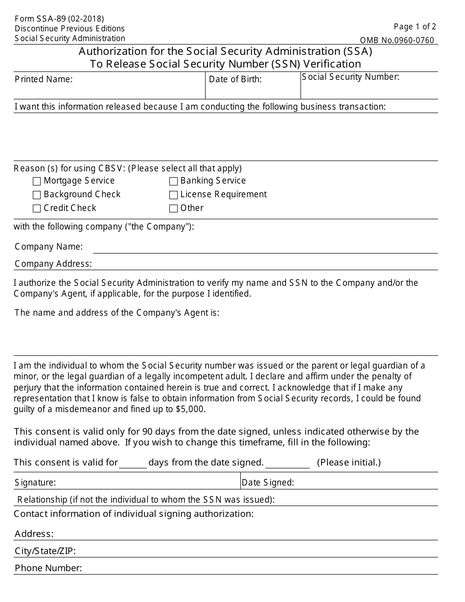 Form SSA-89 Authorization for the Social Security Administration (Ssa) to Release Social Security Number (Ssn) Verification, Page 1