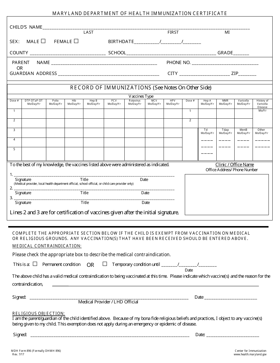 Form MDH896 Immunization Certificate - Maryland, Page 1