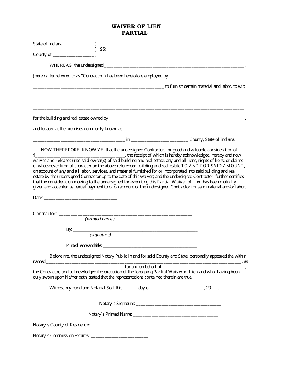Waiver of Lien Partial Form - Indiana, Page 1