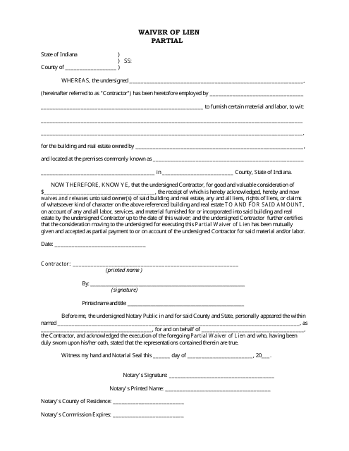 Waiver of Lien Partial Form - Indiana Download Pdf