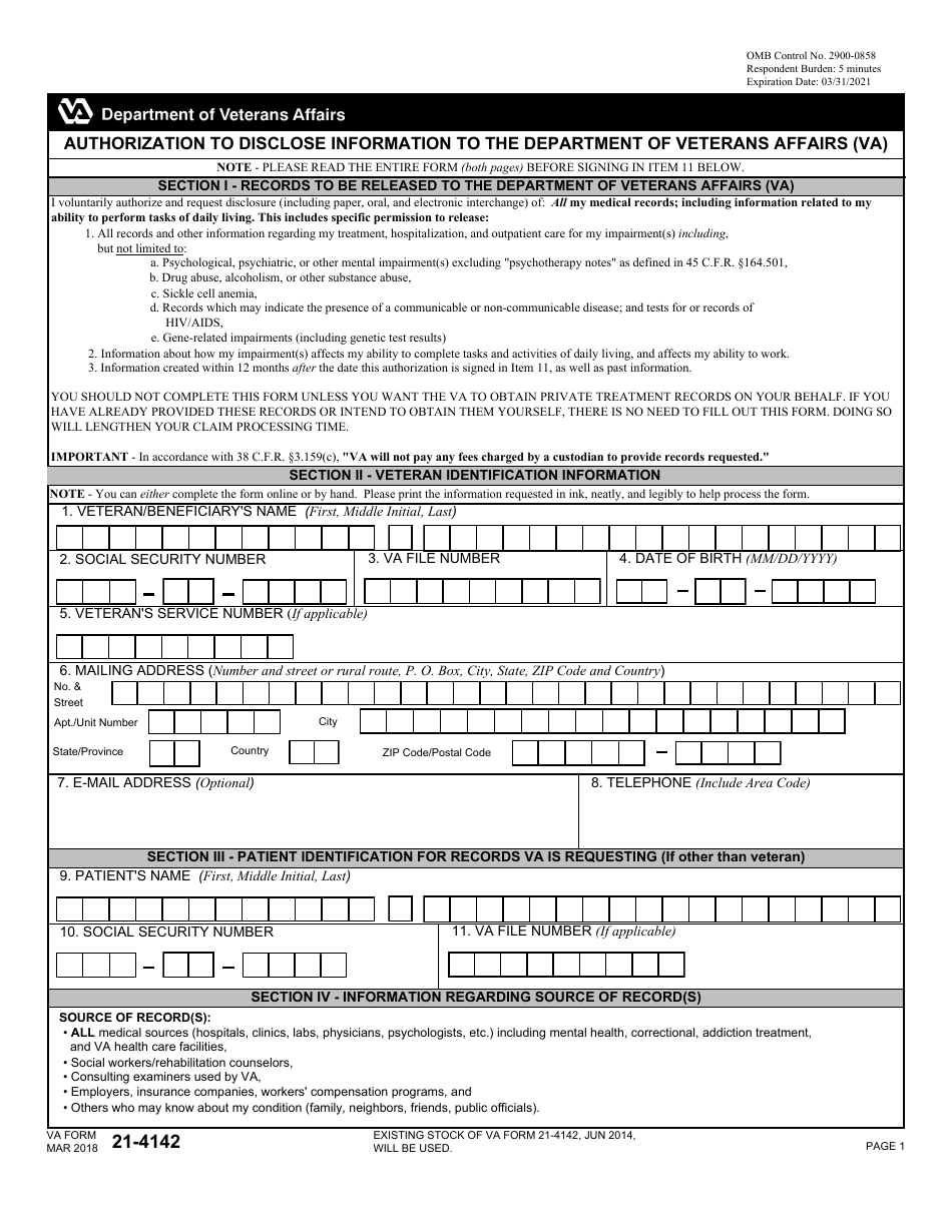 VA Form 21-4142 Authorization to Disclose Information to the Department of Veterans Affairs, Page 1