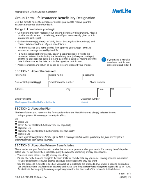 &quot;Group Term Life Insurance Beneficiary Designation Form - Metlife&quot; Download Pdf