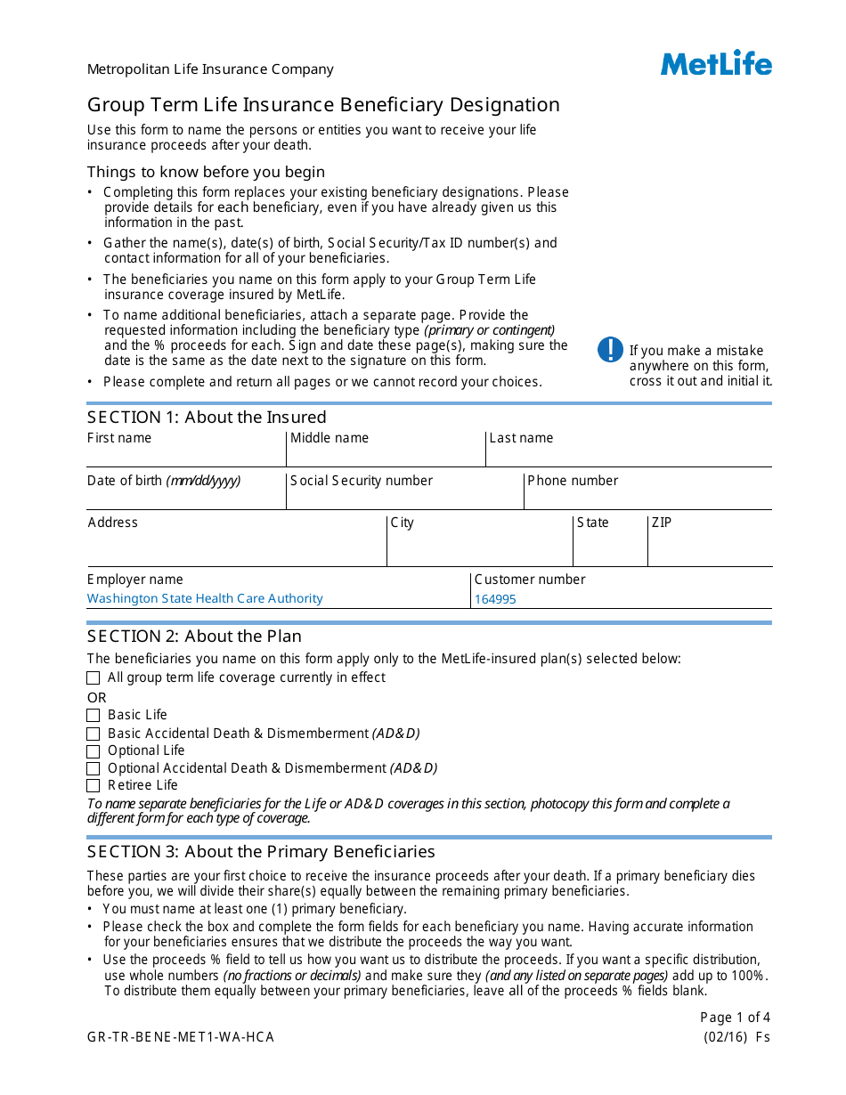 Group Term Life Insurance Beneficiary Designation Form Metlife Download Fillable PDF