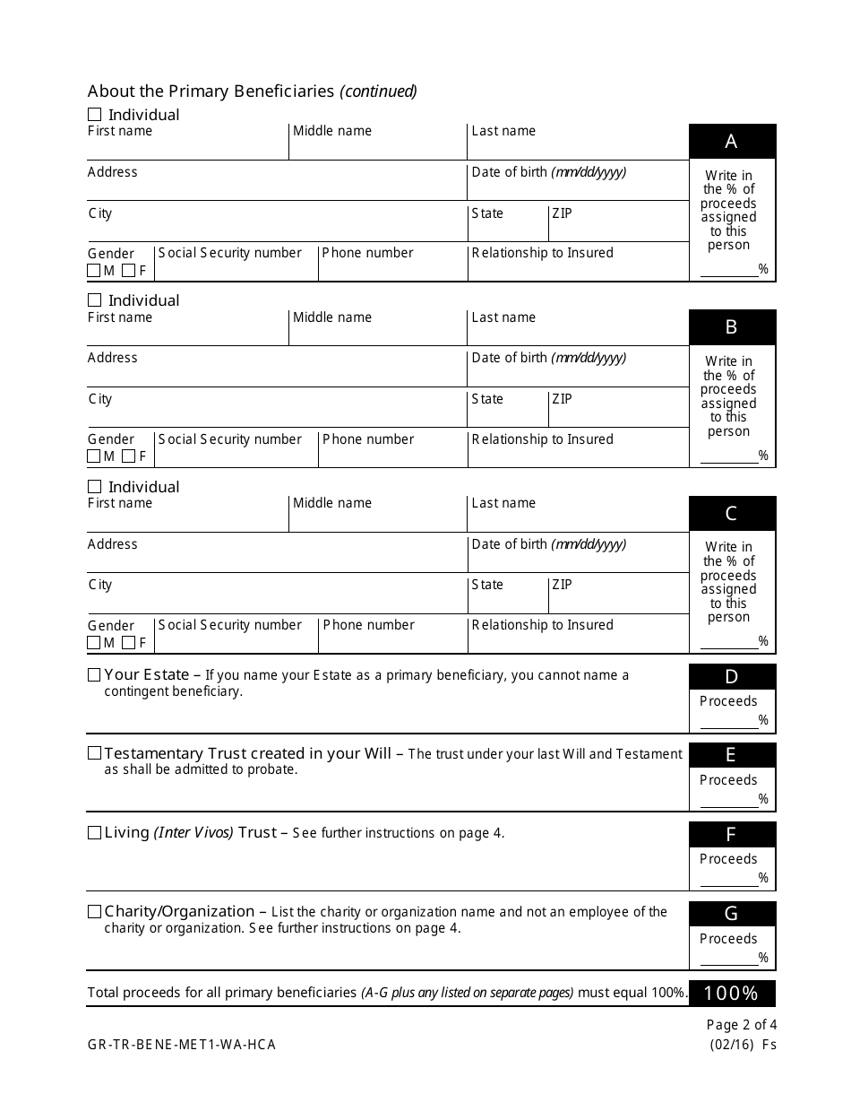 Group Term Life Insurance Beneficiary Designation Form - Metlife, Page 2