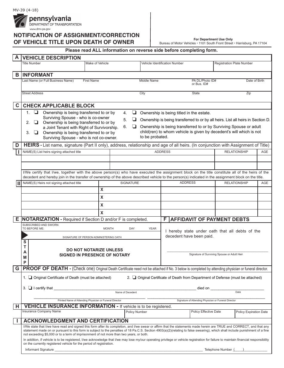 Form MV-39 Notification of Assignment / Correction of Vehicle Title Upon Death of Owner - Pennsylvania, Page 1