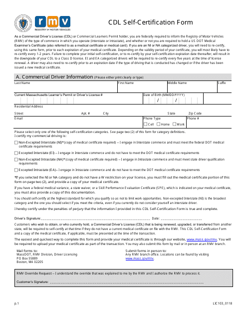 Form LIC103 Cdl Self-certification Form - Massachusetts