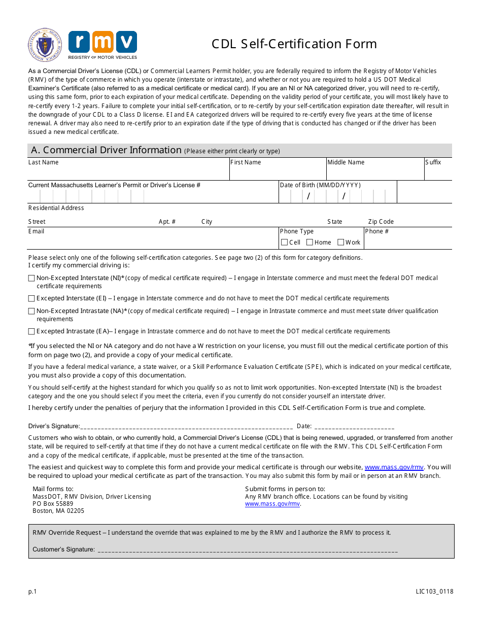 Form LIC103 Cdl Self-certification Form - Massachusetts, Page 1