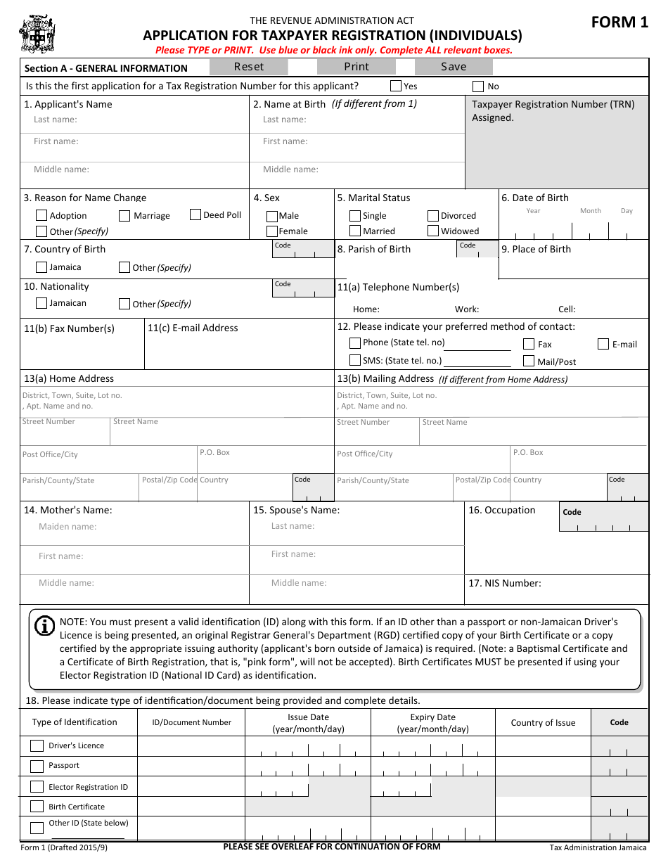 Form 1 Application for Taxpayer Registration (Individuals) - Jamaica, Page 1