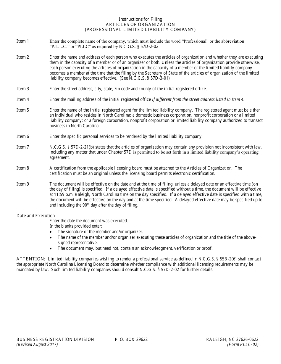 Form Pllc 02 Download Fillable Pdf Or Fill Online Articles Of Organization Professional Limited Liability Company North Carolina Templateroller