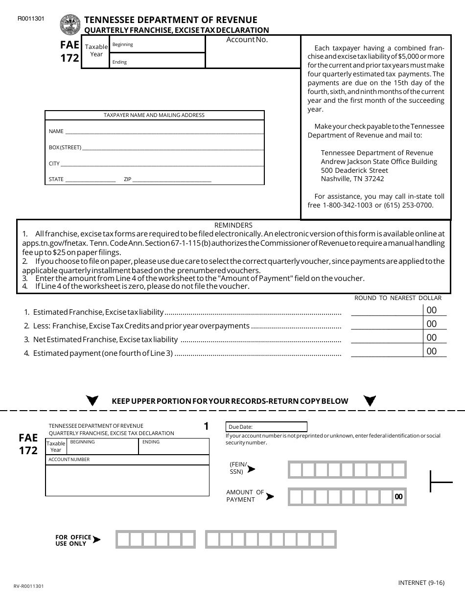 Form FAE172 Quarterly Franchise, Excise Tax Declaration - Tennessee, Page 1