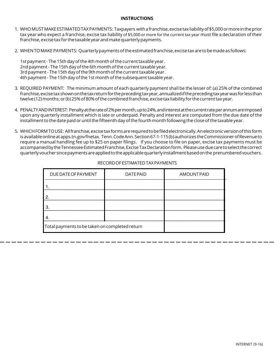 Form FAE172 Quarterly Franchise, Excise Tax Declaration - Tennessee, Page 2
