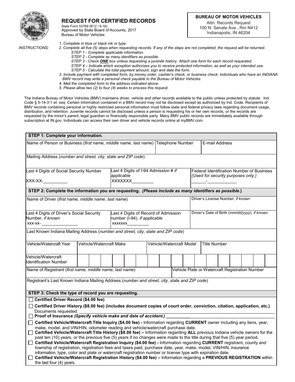 Form 53789 Request for Certified Records - Indiana, Page 1