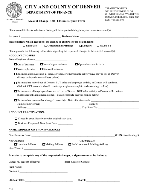 Account Change or Closure Request Form - City and County of Denver, Colorado