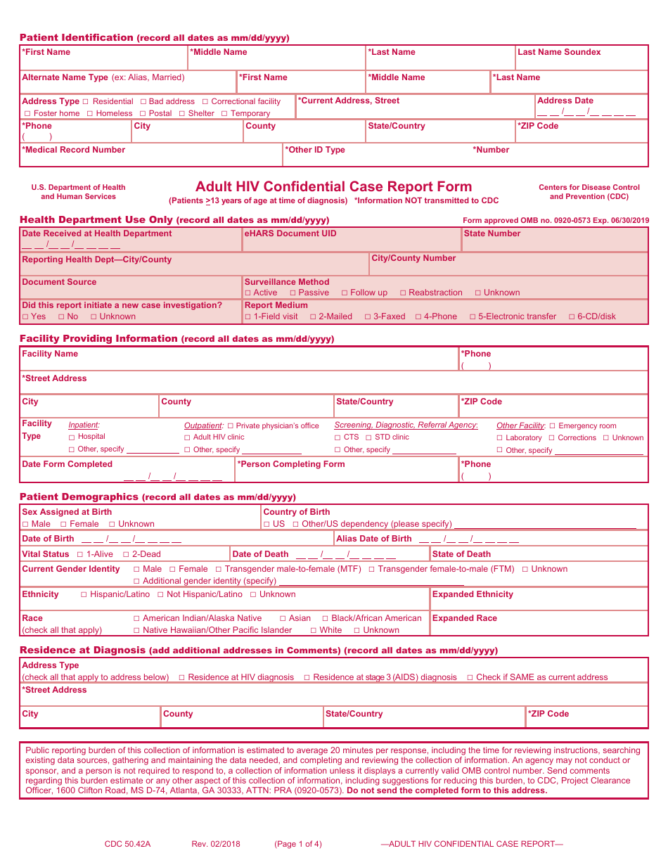Form 50.42A Adult HIV Confidential Case Report Form, Page 1