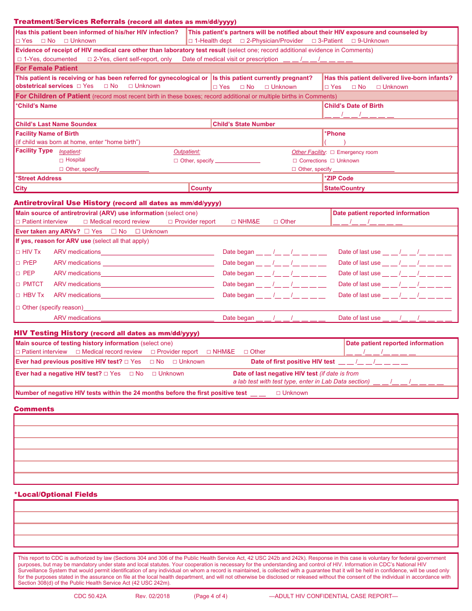 Form 50.42A Adult HIV Confidential Case Report Form, Page 4