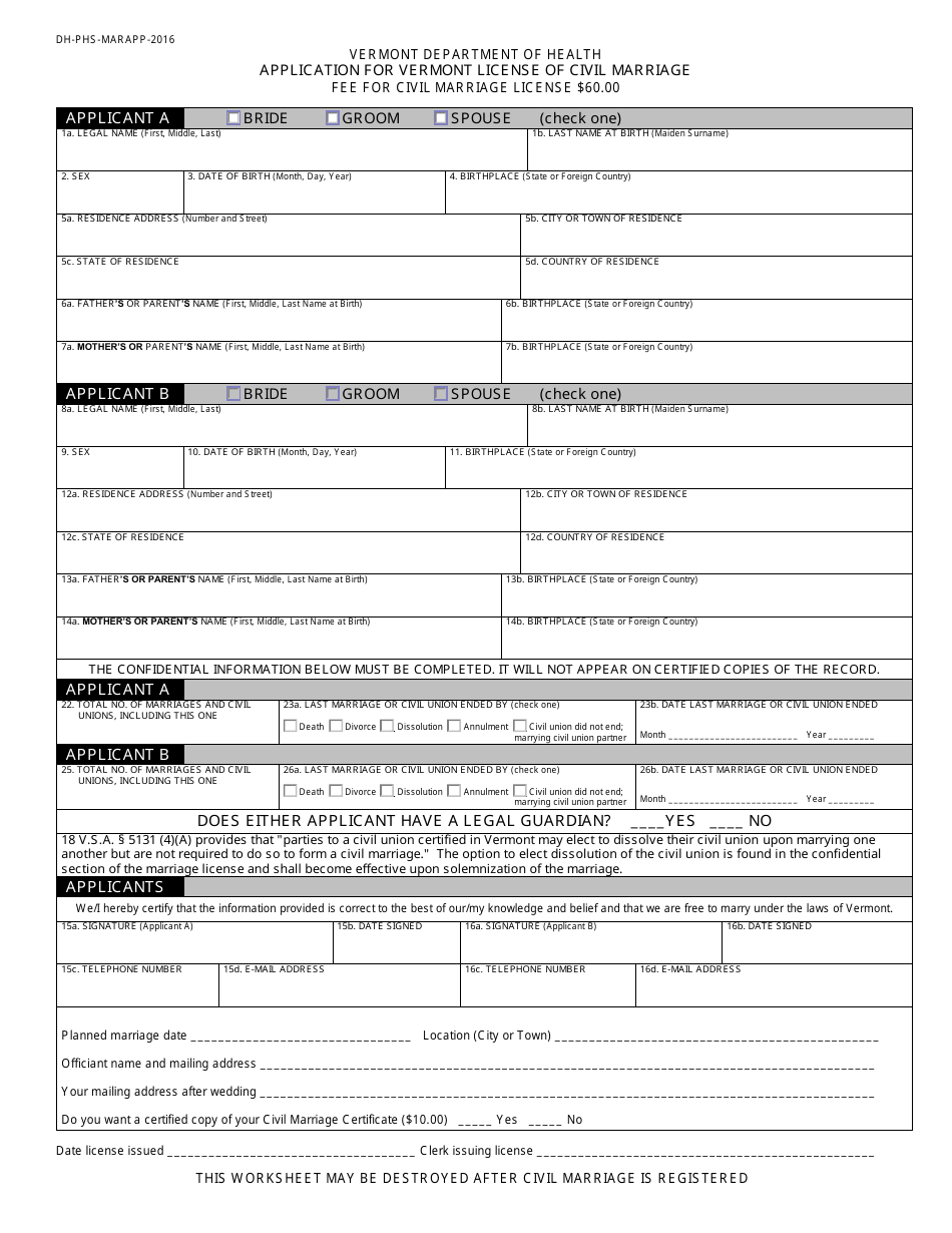 Vermont Application for Vermont License of Civil Marriage - Fill Out ...