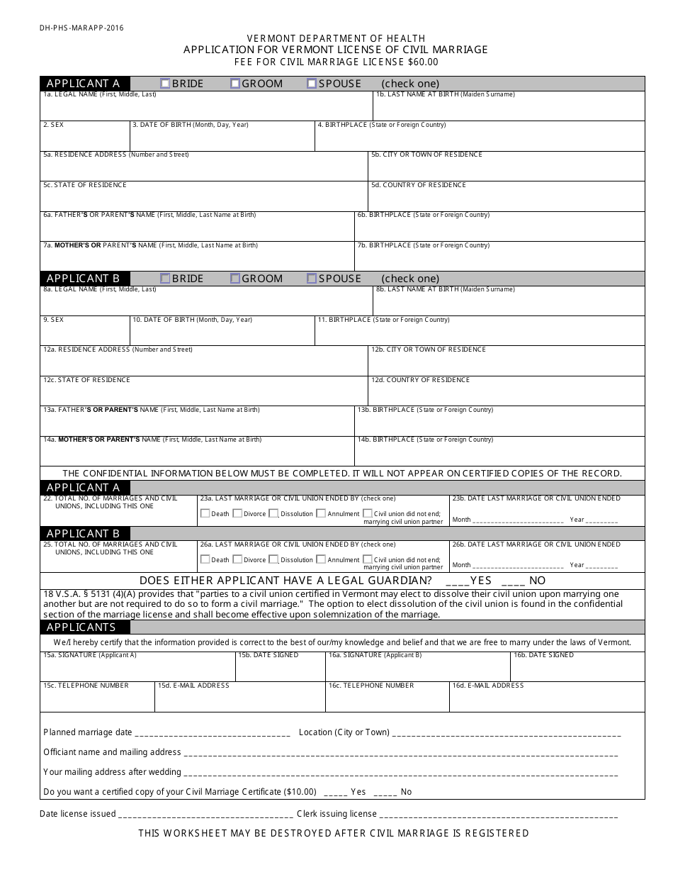 Application for Vermont License of Civil Marriage - Vermont, Page 1