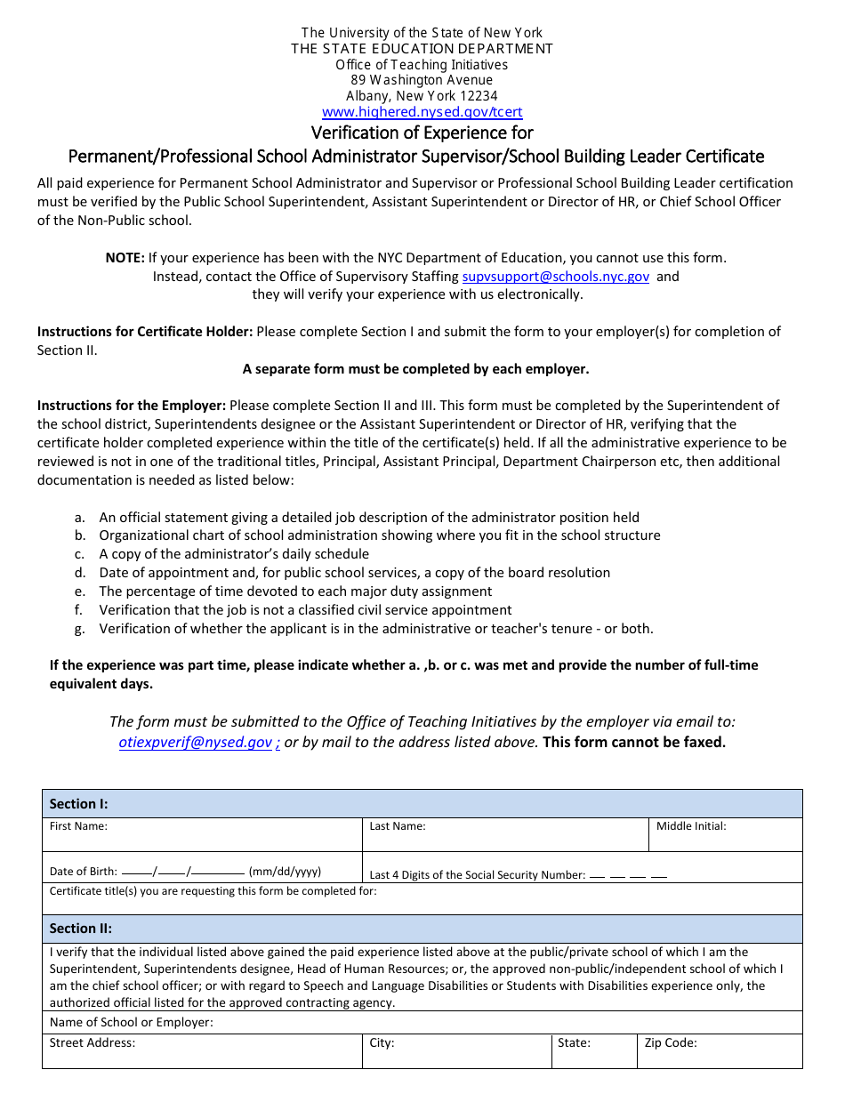 Verification of Experience for Permanent / Professional School Administrator Supervisor / School Building Leader Certificate - New York, Page 1