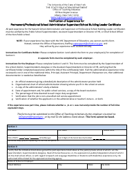 Document preview: Verification of Experience for Permanent/Professional School Administrator Supervisor/School Building Leader Certificate - New York