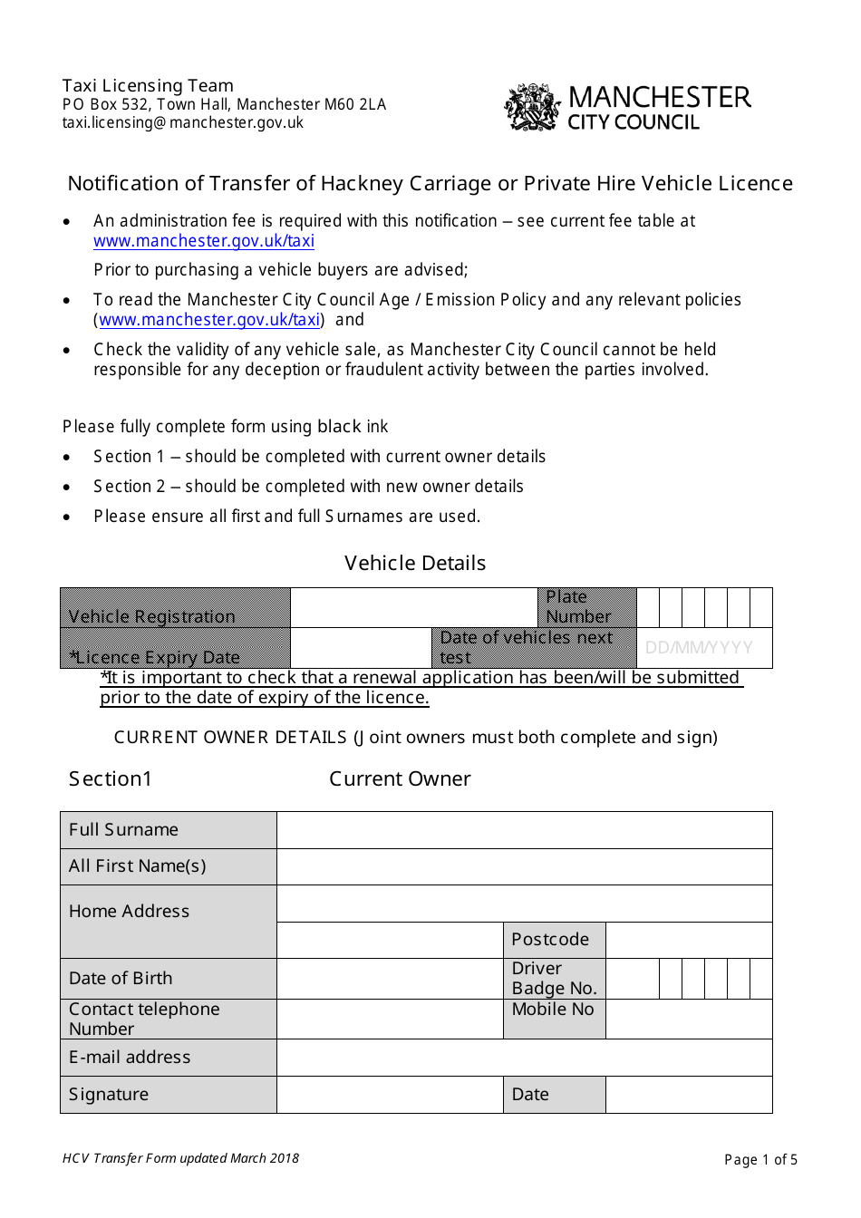 Manchester City Greater Manchester United Kingdom Notification Of Transfer Of Hackney Carriage Or Private Hire Vehicle Licence Download Printable Pdf Templateroller