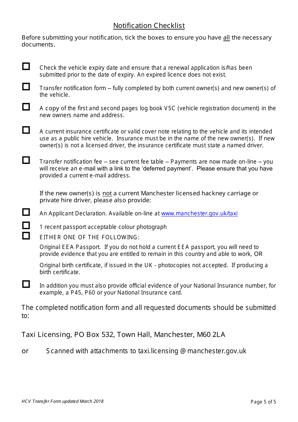 Notification of Transfer of Hackney Carriage or Private Hire Vehicle Licence - Manchester City, Greater Manchester, United Kingdom, Page 5