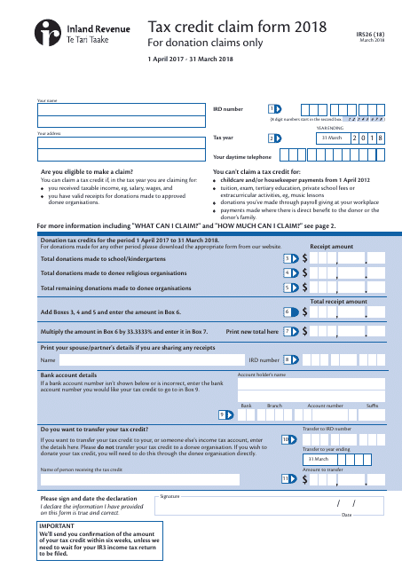 Form IR526 Tax Credit Claim Form - New Zealand, 2018
