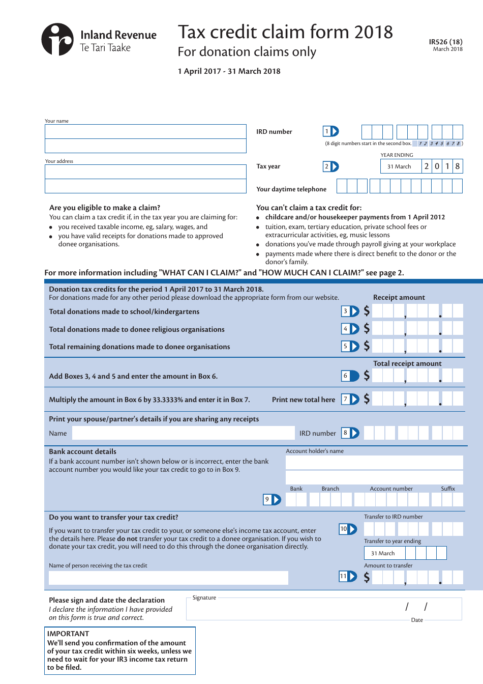 Form IR526 Tax Credit Claim Form - New Zealand, Page 1