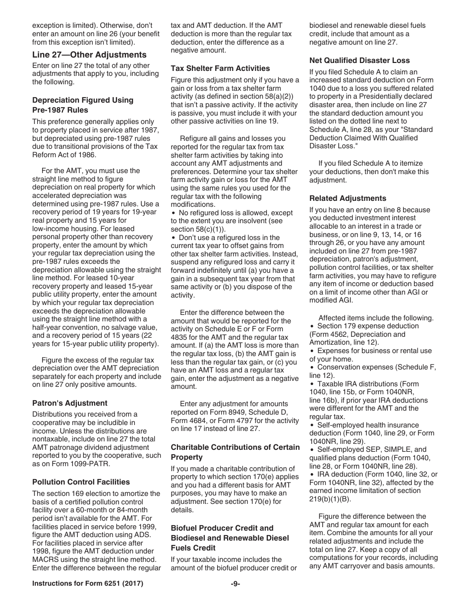 Instructions for IRS Form 6251 Alternative Minimum Tax - Individuals, Page 9