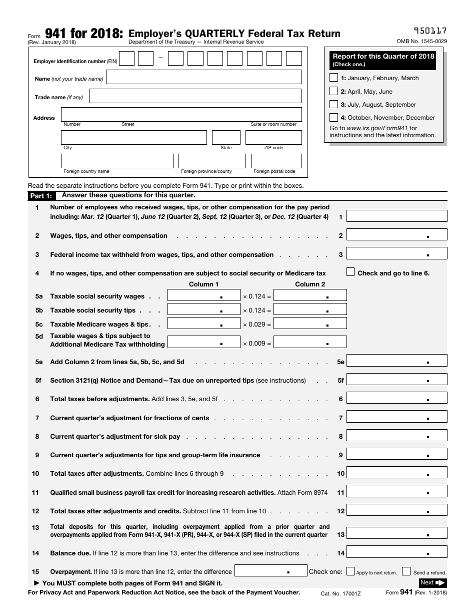 IRS Form 941 Employers Quarterly Federal Tax Return, Page 1
