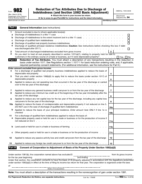 IRS Form 982  Printable Pdf