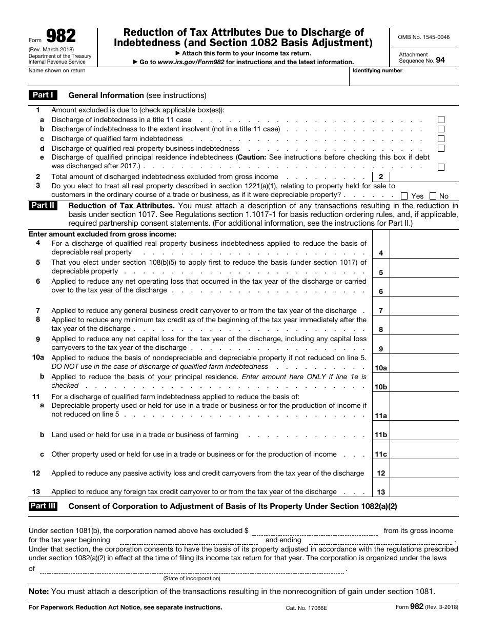 IRS Form 982 Reduction of Tax Attributes Due to Discharge of Indebtedness (And Section 1082 Basis Adjustment), Page 1