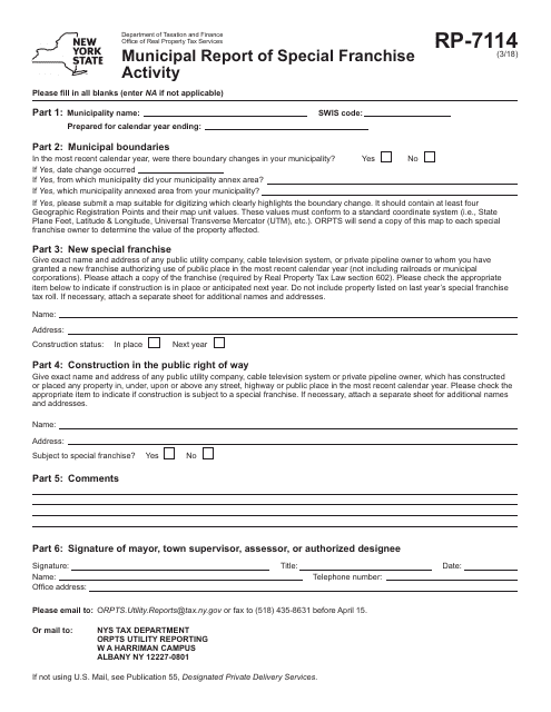 Form RP-7114 Municipal Report of Special Franchise Activity - New York
