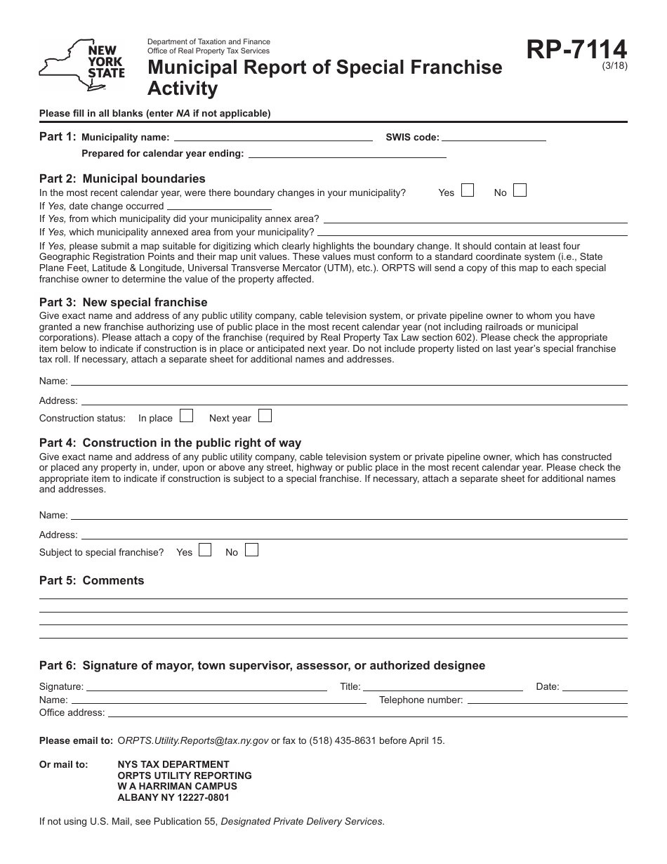 Form RP-7114 Municipal Report of Special Franchise Activity - New York, Page 1