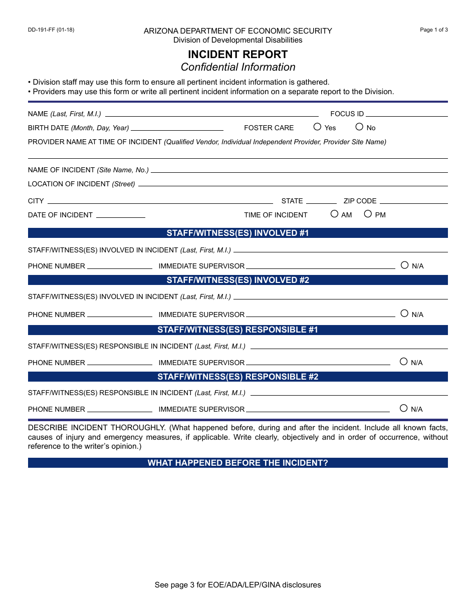 Form DD-191-FF Incident Report - Arizona, Page 1