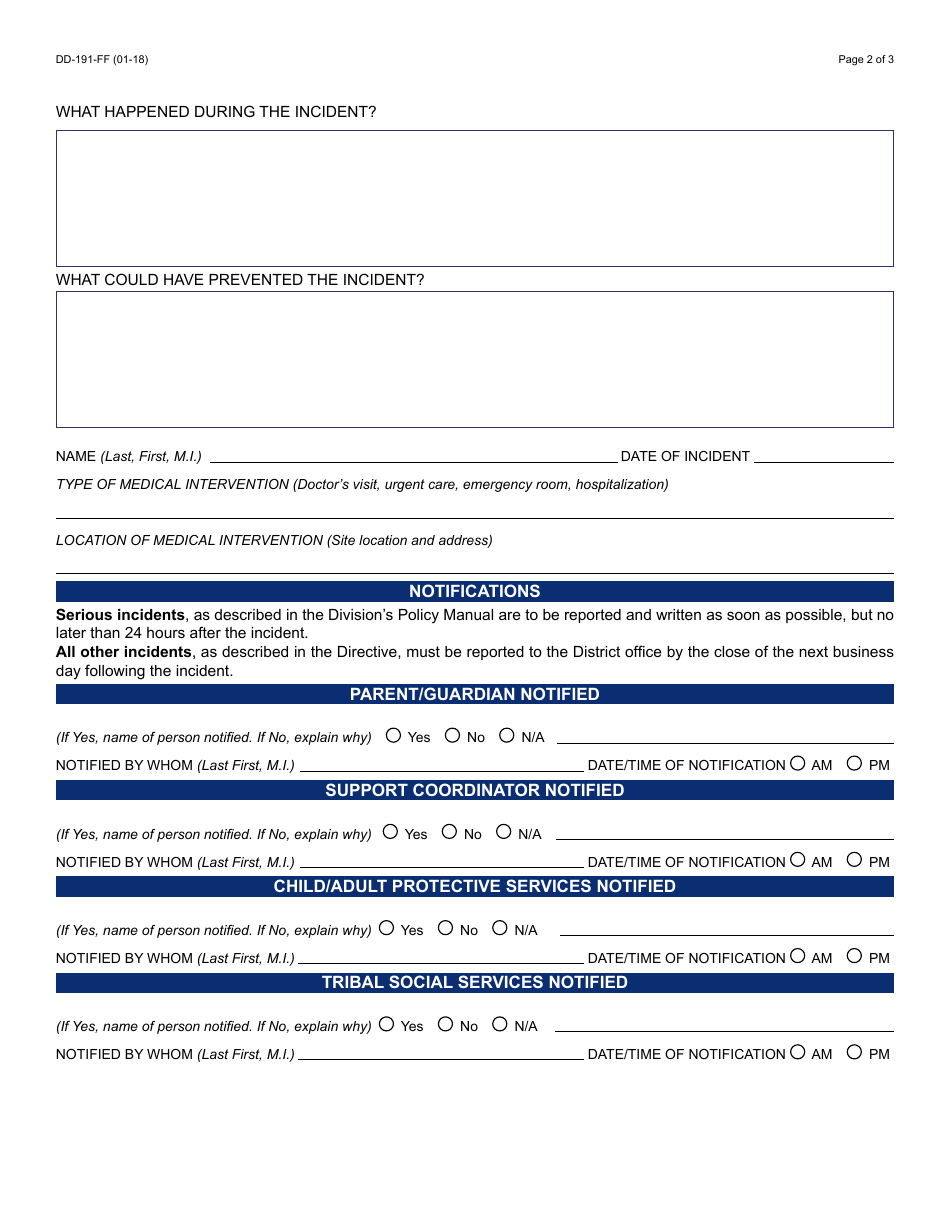 Form DD-191-FF Incident Report - Arizona, Page 2