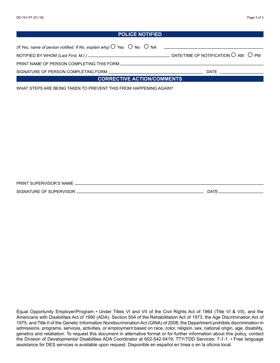 Form DD-191-FF Incident Report - Arizona, Page 3